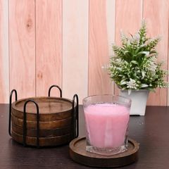 Mango Wood Coasters for Drinks with Iron Holder Stand Set of 5 for Drinking Glasses, Tabletop Protection for Any Table Type