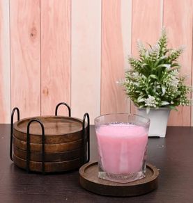 Mango Wood Coasters for Drinks with Iron Holder Stand Set of 5 for Drinking Glasses, Tabletop Protection for Any Table Type