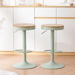 Bar Stools, Solid Wood Counter Height Barstools Set of 2, Vintage High Adjustable 360 Swivel Metal Bar Chairs, Breakfast Kitchen Stools, Mint Green