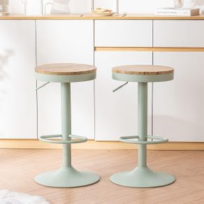 Bar Stools, Solid Wood Counter Height Barstools Set of 2, Vintage High Adjustable 360 Swivel Metal Bar Chairs, Breakfast Kitchen Stools, Mint Green