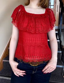 Brick Red Lace Off-Shoulder Top, stylish summer lace top, boho top