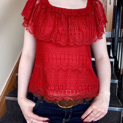 Brick Red Lace Off-Shoulder Top, stylish summer lace top, boho top