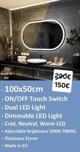 LED Bathroom Mirrors Selection Clock Speakers Bluetooth Demister Antifog Wi-Fi Weather Station Makeup