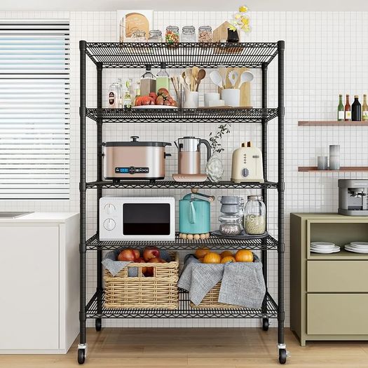 Heavy Duty Garage Shelving Unit - 182.9x91.3x45.7 cm - Adjustable Wire Shelving Unit Storage Shelves with Wheels, 5 Tier, Black