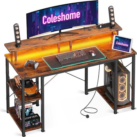 Gaming Desk with LED Lights 120x50 cm Computer Power Outlets PC Table Monitor Stand Storage Shelves CPU Vintage Brown