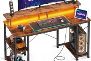 Gaming Desk with LED Lights 120x50 cm Computer Power Outlets PC Table Monitor Stand Storage Shelves CPU Vintage Brown