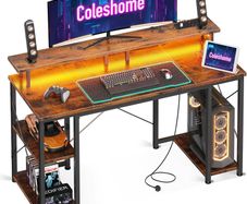 Gaming Desk with LED Lights 120x50 cm Computer Power Outlets PC Table Monitor Stand Storage Shelves CPU Vintage Brown