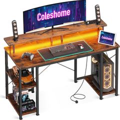 Gaming Desk with LED Lights 120x50 cm Computer Power Outlets PC Table Monitor Stand Storage Shelves CPU Vintage Brown