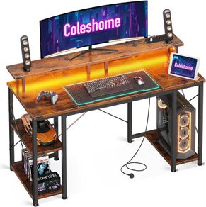 Gaming Desk with LED Lights 120x50 cm Computer Power Outlets PC Table Monitor Stand Storage Shelves CPU Vintage Brown