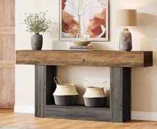 Console Table 63 Inch Long 2 Tier Entrance Table Sofa Table with Storage Farmhouse Wood Behind Coffee Table