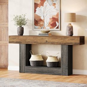 Console Table 63 Inch Long 2 Tier Entrance Table Sofa Table with Storage Farmhouse Wood Behind Coffee Table
