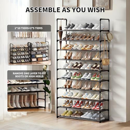 Metal Shoe Rack, 10 Tier Shoe Storage Organizer with Hooks,Fit 40-45Pairs Shoes,Metal Tall Shoe Shelf for Closet,Entryway,Garage,Bedroom,Cloakroom
