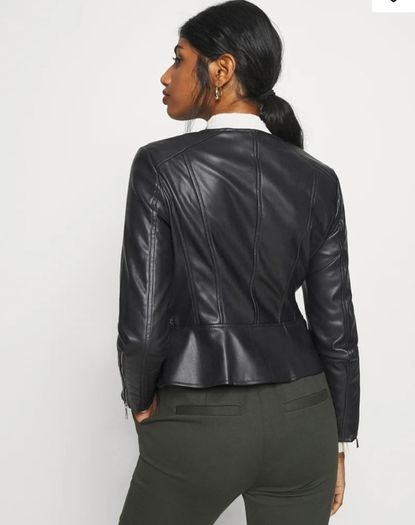 New, Vero Moda Black Peplum Collarless Soft Faux Leather Jacket - Size M (UK10)