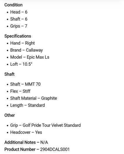 Callaway Epic Max Ls Driver / 10.5 Degree / MMT 70 Stiff
