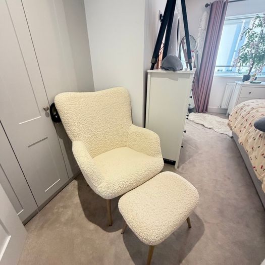 Sheep skin arm chair and foot stool