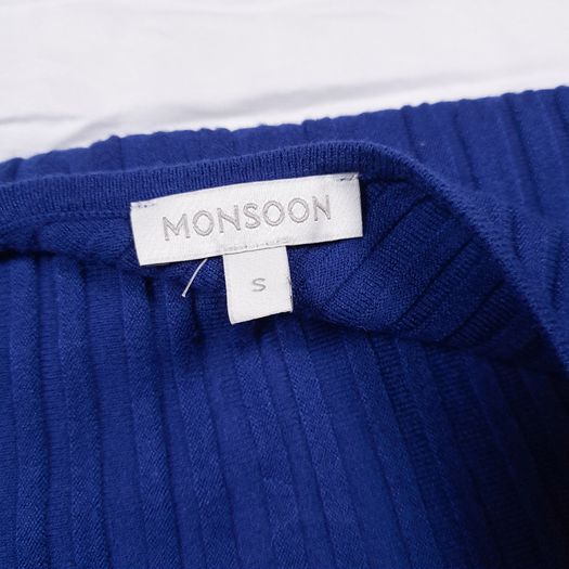 Monsoon Royal Blue Ribbed Knit Long Sleeve Tie Waist Fit & Flare Midi Dress Size S