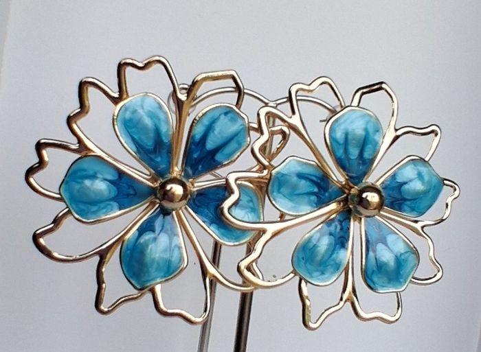 Gold & Teal Sakura Blossom Floral Statement Earrings