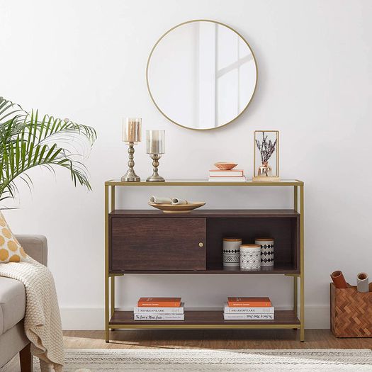 Sideboard Kitchen Cabinet Storage Cabinet with Sliding Door Tempered Glass Side Table Open Compartment Industrial Design for Dining Living Room Chocolate Brown Matt Gold