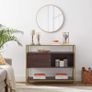 Sideboard Kitchen Cabinet Storage Cabinet with Sliding Door Tempered Glass Side Table Open Compartment Industrial Design for Dining Living Room Chocolate Brown Matt Gold Image 3