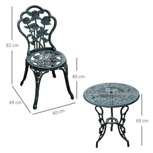 3-Piece Outdoor Garden Bistro Set, Cast Aluminium Antique Floral Print Coffee Table and Two Single Seat with Umbrella Hole, Green