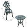 3-Piece Outdoor Garden Bistro Set, Cast Aluminium Antique Floral Print Coffee Table and Two Single Seat with Umbrella Hole, Green Image 2