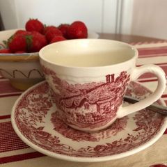 Vintage Royal Tudor Ware "Olde England" Pink / Red Transferware Teacup & Saucer Set