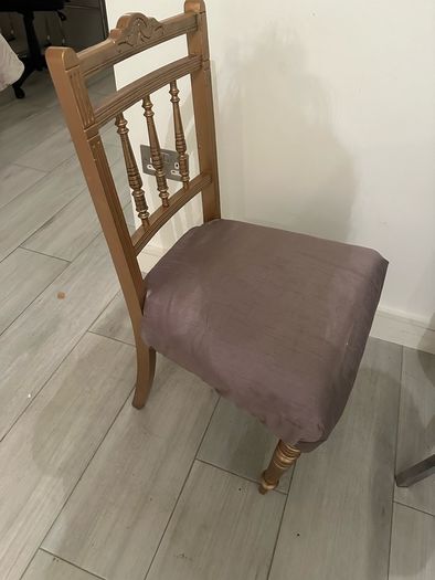 Antique chair wood painted gold with taupe silk type cover