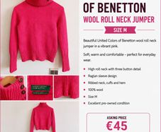 United Colors of Benetton 100% Wool Roll Neck Jumper - Size M