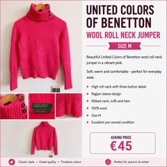 United Colors of Benetton 100% Wool Roll Neck Jumper - Size M