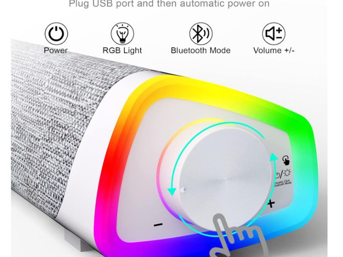 SOULION R30 Plus Computer Speakers, Wired USB-Powered Bluetooth V5.3 PC Sound Bar, Colorful LED Lights with Switch Button, Surround Sound Portable Computer SoundBar