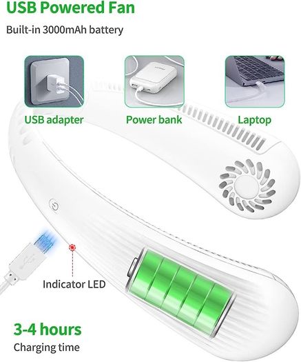 Portable Neck Fan Bladeless Hands Free Usb Rechargeable Battery Operated Neck Fans with 360 Degree Cooling, 3 Speeds Personal Headphone Design Mini Small Leafless Fan for Men Women Adult Kids