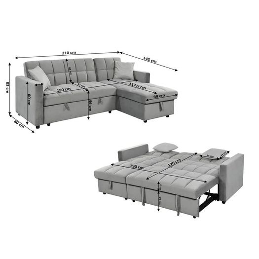 Pull-Out Sofa Bed Kris Grey With Storage Chaise