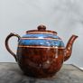 Vintage heavy Brown and Blue Spotted Porcelain Teapot with White on Blue stripes, PK made. Image 2