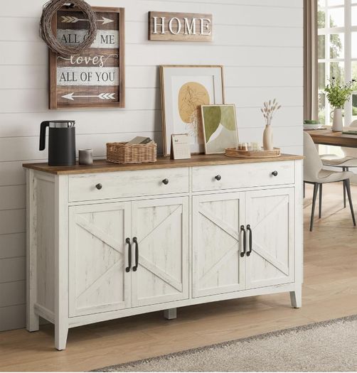 Kitchen Cabinet, Sideboard with Drawers, Storage Cabinet with Doors, Adjustable Shelf, Country House Style, for Living Room, Kitchen, Dining Room, 40 x 140 x 80 cm, Vintage White/Honey Brown