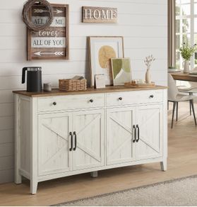 Kitchen Cabinet, Sideboard with Drawers, Storage Cabinet with Doors, Adjustable Shelf, Country House Style, for Living Room, Kitchen, Dining Room, 40 x 140 x 80 cm, Vintage White/Honey Brown