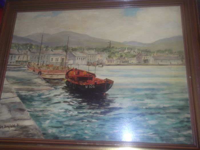 a oil painting picture on board of a harbour sceen by ken donfield