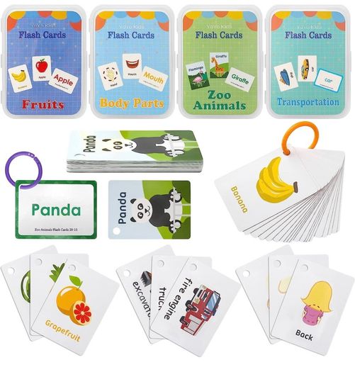 Flash Cards for Toddlers Educational Flash Cards 4 Pack Preschool Learning Flash Cards with Animals, Fruits, Transportation, Body Parts Waterproof Baby Flashcards for 2-6 Year Olds