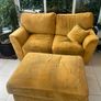 Mustard yellow velvet sofa with matching footstool Image 3