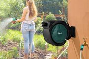 Hose Reel Wall Mounted 30 2m Garden Hose Pipe Reel with Lock, Auto Rewind, 7 in 1 Spray Nozzle, Includes Wall Fixings, 180 Swivel, Outdoor Watering