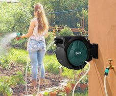 Hose Reel Wall Mounted 30 2m Garden Hose Pipe Reel with Lock, Auto Rewind, 7 in 1 Spray Nozzle, Includes Wall Fixings, 180 Swivel, Outdoor Watering