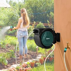 Hose Reel Wall Mounted 30 2m Garden Hose Pipe Reel with Lock, Auto Rewind, 7 in 1 Spray Nozzle, Includes Wall Fixings, 180 Swivel, Outdoor Watering