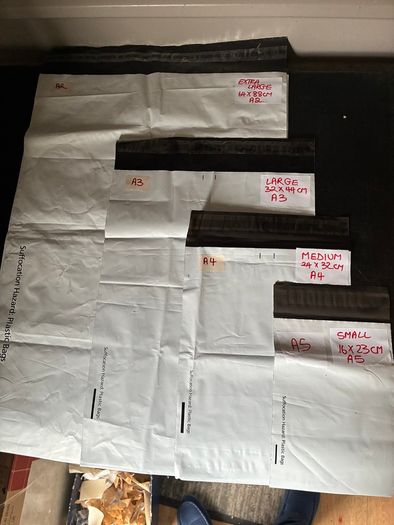 Plastic envelopes A2, A3, A4, A5.