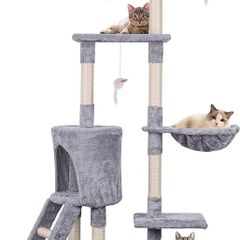 145cm Cat Scratch Posts Multi-Level Stable Cat Climbing Tower Cat Activity Trees with Ladder, Indoor Pet Activity Furniture Play House for Kitty Kitten