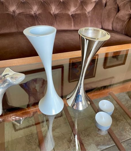 Vintage 20th Century Heavy Asymmetrical Stainless Steel and White Enamel Pair Of Candle Holders
