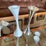 Vintage 20th Century Heavy Asymmetrical Stainless Steel and White Enamel Pair Of Candle Holders Image 5