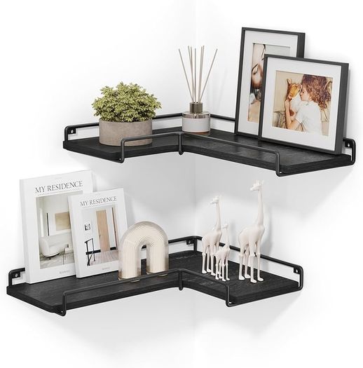 MULTIPLE COLOURS AVAILABLE Floating Shelves, Set of 2, L-Shaped Corner Shelves for Wall, Corner Wall Shelf, Industrial Style, for Living Room, Bedroom, Kitchen, Black