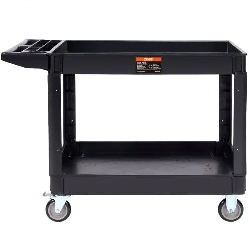 Utility Service Cart, 2 Shelf 249.5 kg Heavy Duty Plastic Rolling Utility Cart with 360 Swivel Wheels (2 with Brakes), Large Lipped Shelf, Ergonomic Storage Handle for Warehouse/Garage/Cleaning