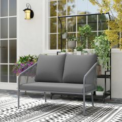 2-Seater Resin Wicker Garden Sofa with Cushions, Outdoor Sofa with Armrests, Steel Frame