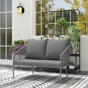 2-Seater Resin Wicker Garden Sofa with Cushions, Outdoor Sofa with Armrests, Steel Frame