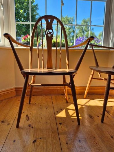 Pair of Vintage Ercol Blonde Swan Back Carver Dining Chairs